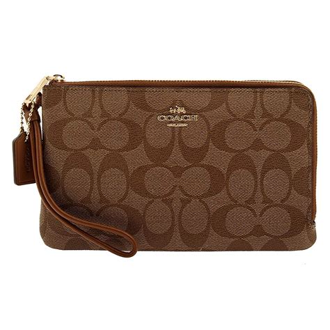 COACH NWT Signature PVC Double Zip Wallet Wristlet in Khaki/Saddle, F16109 | eBay