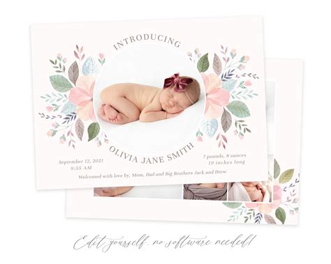 Customizable Birth Announcement Card Template for Baby Girls - Baby ...