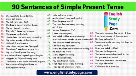 90 Sentences of Simple Present Tense, Example Sentences - English Study Page