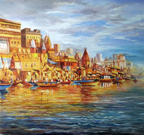 Cloudy Varanasi Ghats Painting by Samiran Sarkar | Saatchi Art