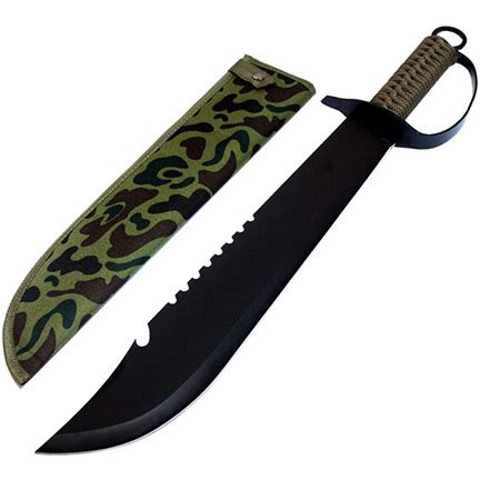 19" Black Machete Hunting Sword with Brown String Handle & Sheath