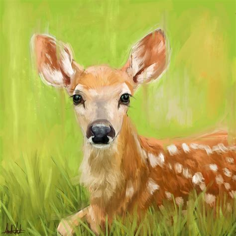 ArtStation - Cute deer baby painting with green background painted by ...