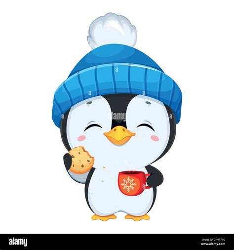 Cute little penguin cartoon character. Funny penguin in blue hat ...