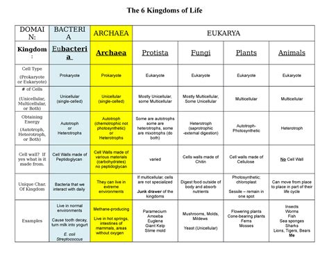 6 Kingdom Chart - with Answers 2018 - The 6 Kingdoms of Life DOMAI N ...