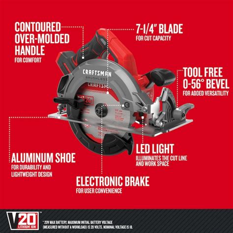 CRAFTSMAN V20 20-volt Max 7-1/4-in Brushless Cordless Circular Saw in ...