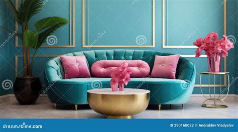 Hollywood Regency Style Interior Design of Modern Living Room with Turquoise Sofa and Pink ...