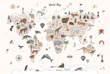 Wall mural Children's map of the world with animals | Uwalls.com