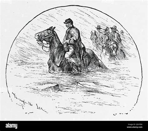 Through the Ice. Union Army winter march through icy water. 19th century American Civil War ...