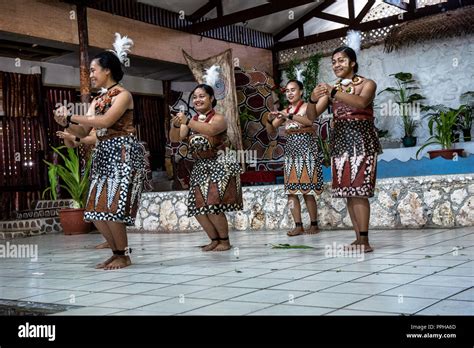 Nuku'Alofa, Tonga -- March 10, 2018. Female dancers in native garb perform a traditional ...