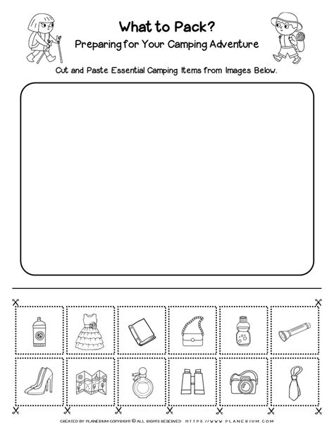 Camping Worksheet for Kids - What to Pack? Cut and Paste Activity