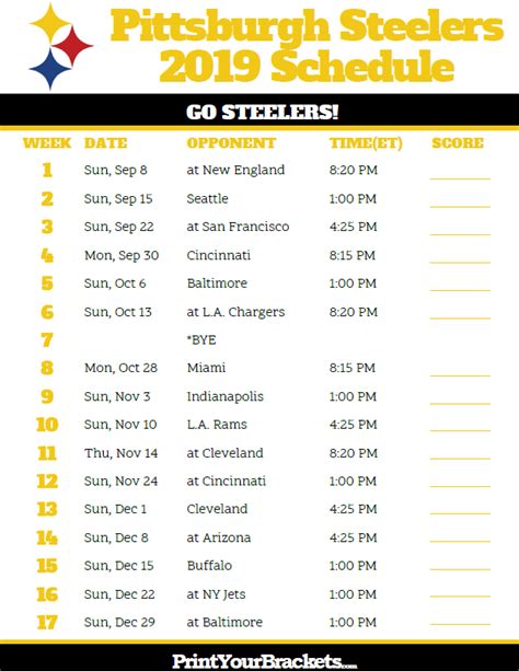 Printable Pittsburgh Steelers Schedule - 2019 Season | Nfl steelers ...