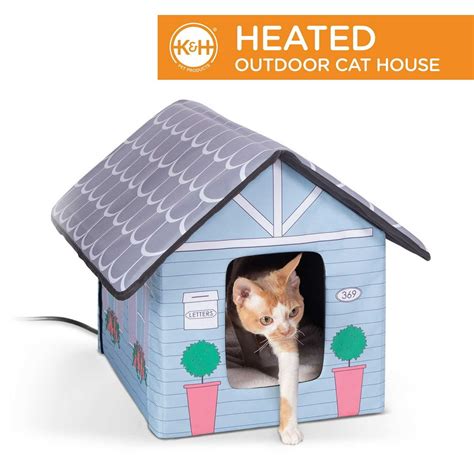 K&H Pet Products Outdoor Heated Kitty House Cat Shelter, Cottage Design, Blue, 18" x 22" x 17 ...