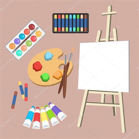 Realistic art supplies, set art materials. Artist Accessories. Easel ...