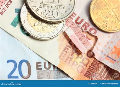 Greek coins on euro notes stock image. Image of europe - 56330831