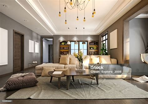 3d Render Of Living Room Stock Photo - Download Image Now - Digitally ...