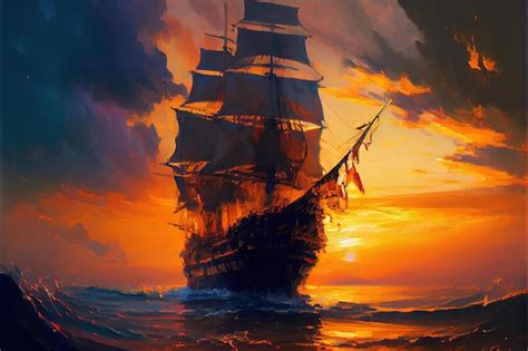 Premium AI Image | A painting of a ship at sunset