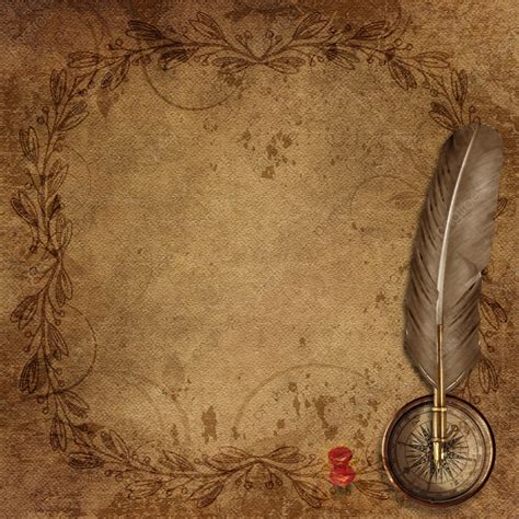 Vintage Paper Background With Afloral Frame And Feather Pen Compas ...