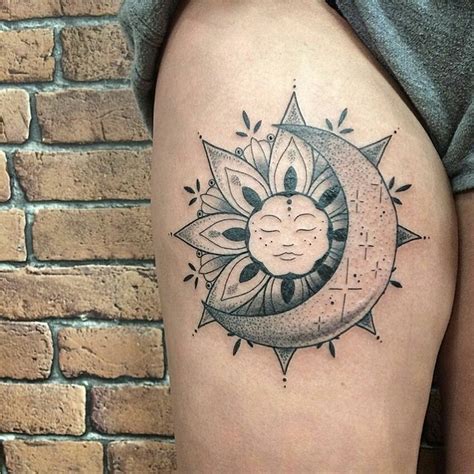 Sleeping sun and moon tattoo leg, dotted style Moon Sun Tattoo, Sun Tattoos, Trendy Tattoos ...