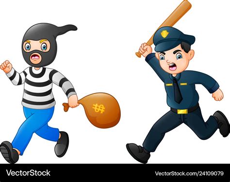 Cartoon policeman chasing a thief Royalty Free Vector Image