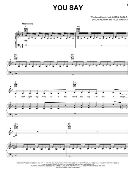 You Say by Lauren Daigle Sheet Music for Piano, Vocal & Guitar Chords ...