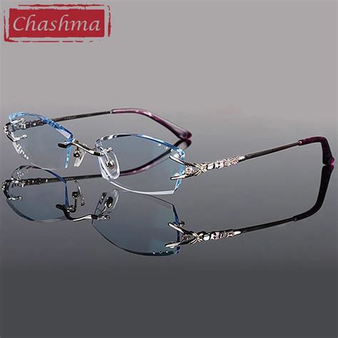 Chashma Brand Eyeglasses Diamond Trimmed Rimless Glasses Titanium Fashionable Lady Eyeglasses ...