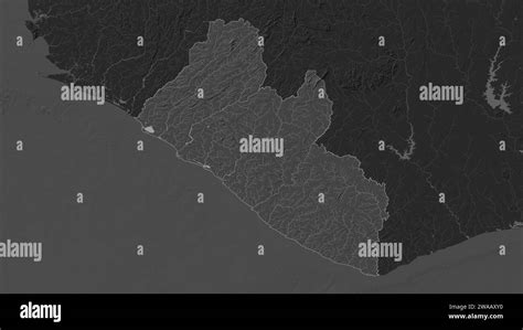 Liberia highlighted on a Bilevel elevation map with lakes and rivers ...