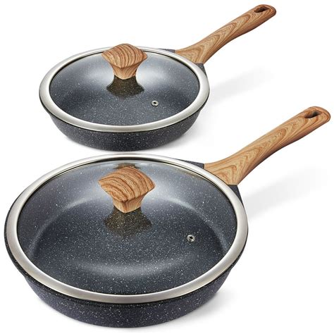 Miusco Nonstick Frying Pan and Skillet Set with Lid, PFOA Free Granite Stone Cookware Set, 10 ...