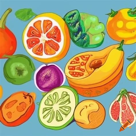 Colorful drawing of sliced fruits and vegetables on Craiyon