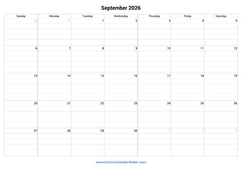 September 2026 Fillable Calendar Grid With Lines