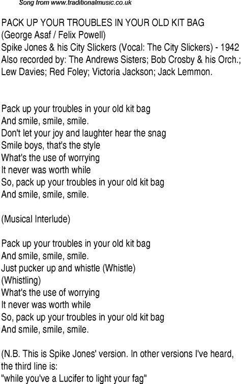 1940s Top Songs: lyrics for Pack Up Your Troubles In Your Old Kit Bag