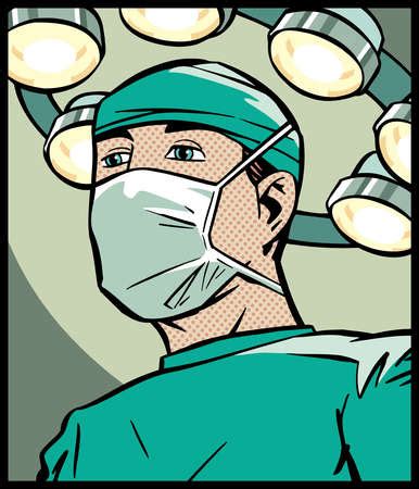 Stock Illustration - Cartoon of surgeon wearing surgical mask in operating room