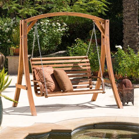 Marlette Outdoor Wood Swinging Bench and Base – GDF Studio