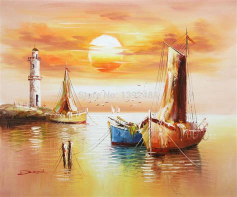 Stunning Sunset Seascape Canvas Print with Boats and Lighthouse