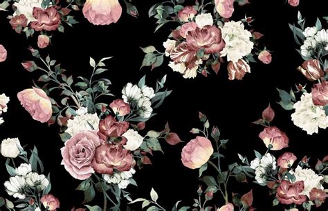 Vintage Pink & Cream Dark Floral Wallpaper Mural | Hovia | Vintage flowers wallpaper, Vintage ...