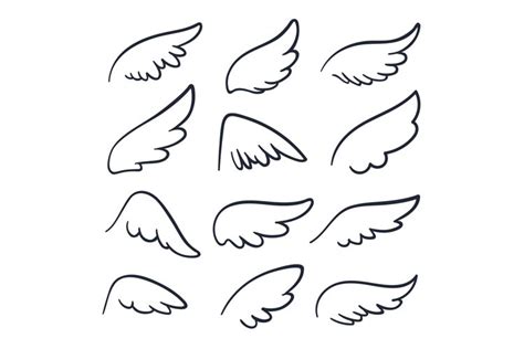 Cartoon angel wings. Winged doodle sketch icons. Angels and