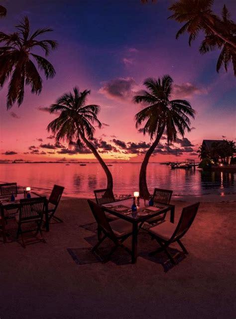 a table and chairs on the beach with palm trees in the background at ...