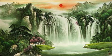 Large Chinese Waterfall Landscape Painting - Asian Art Bargain Bin ...