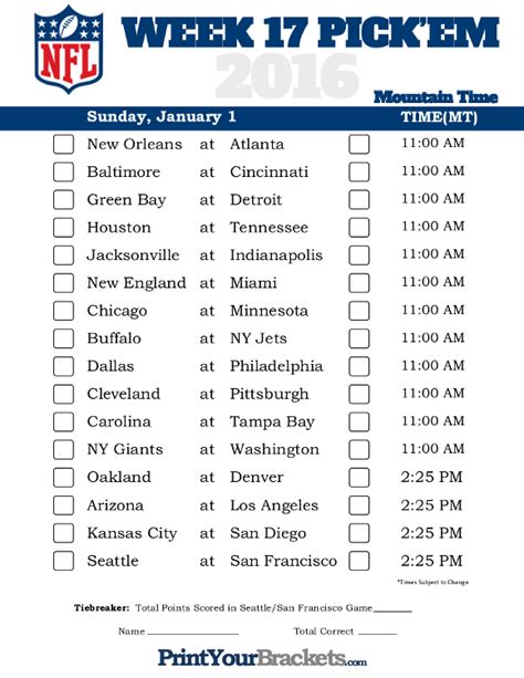 Nfl Week 17 Printable Schedule