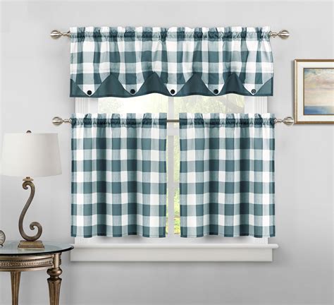 Sheer Small Dark Teal and White Three Piece Kitchen/Cafe Tier Window Curtain Set Gingham Check ...