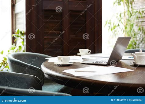 Business meeting setup stock image. Image of laptop - 114550197