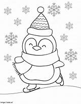 Pingüino Esquiando Con Copos De Nieve Para Colorear sketch template