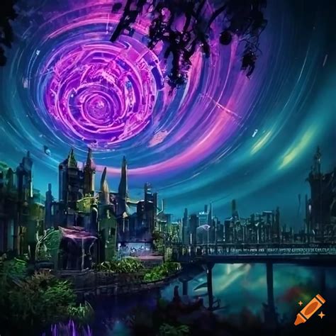 Starry pond in a steampunk city's ruins