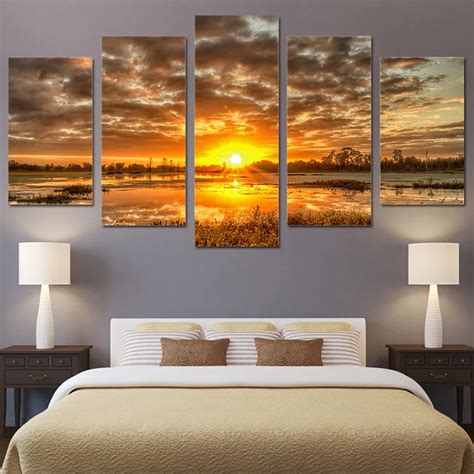 5 piece canvas art sunrise morning sun HD print wall pictures for living room canvas painting ...