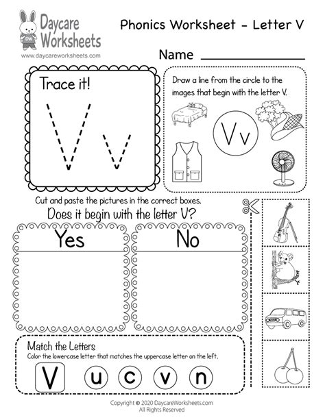 Free Beginning Sounds Letter V Phonics Worksheet for Preschool