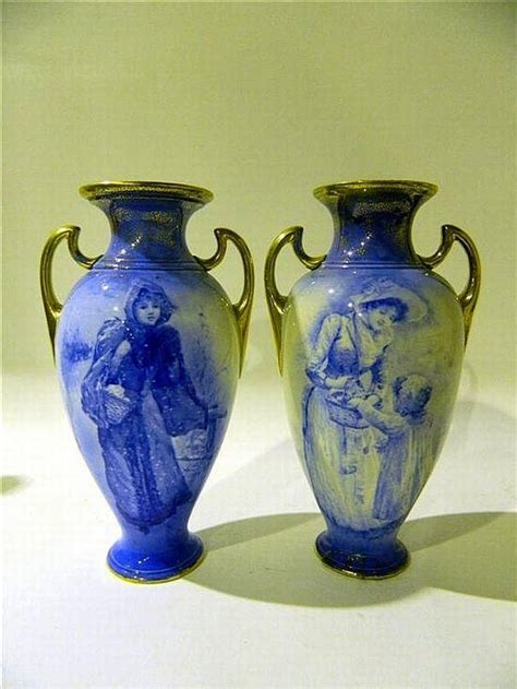 Burslem Pottery Co Blue Children Vases with Gilded Handles - Royal Doulton - Ceramics