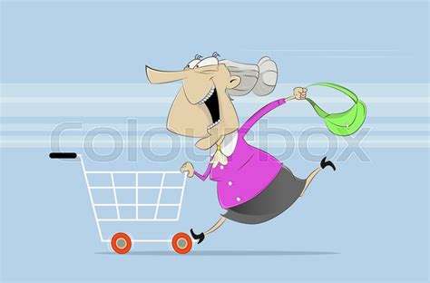 Fun old woman rides on shopping cart. ... | Stock vector | Colourbox