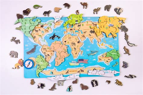 Kids World Map With Animals 2113, Kids Educational Wood Toys, World Map Puzzle, Wooden Toys ...