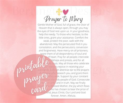 Prayer to Mary Printable Prayer Card, Blessed Virgin Mary, Mother of ...