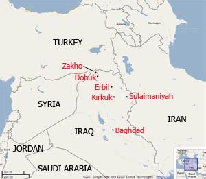 A map of Iraq and the surrounding region highlighting Zakho, on the Iraq-Turket border. | The ...