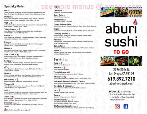 Menu at Aburi Sushi restaurant, San Diego